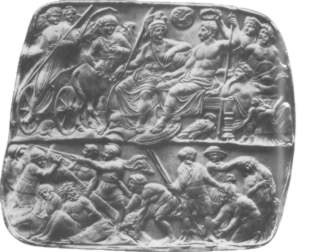 Kaiser wurden als besonders von den Gttern begnstigt betrachtet, schon bevor einige sich fr gttlich erklrten. Hier sieht man Kaiser Augustus neben der Gttin Roma sitzend.