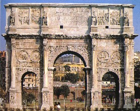 Konstantins Triumphbogen unweit des Kolosseums erinnert an seinen Sieg ber Maxentius und die Inschrift hlt die Stiftung durch Senat und Volk von Rom im Jahr 315 fest. Doch hat man lngst erkannt, da viele Schmuckreliefs aus einer lteren Periode stammen mssen und neuere Forschungen legen nahe, da der Bogen selbst nicht fr Konstantin, sondern schon fr Hadrian erbaut wurde. Konstantin lie nur die oberste Etage einschlielich der Inschrift austauschen und fgte in halber Hhe seine eigenen Reliefs hinzu.